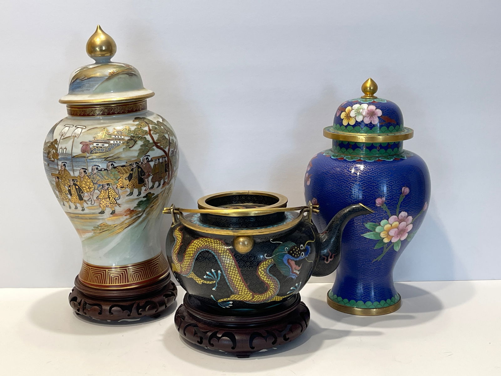 TWO COVERED VASES, CLOISONNE TEAPOT (1 of 4)