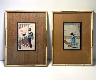 TWO ASIAN ART ON WOOD AND HAND COLORED LITHOGRAPH