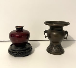 MINI ASIAN BRONZE URN  AND RED POTTERY WITH FLORAL GRAPHICS