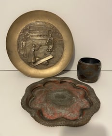 LOT OF THREE MISC ITEMS METAL CUP BRASS , DECORATIVE PLATE , PAINTED PEACOCK PLATE