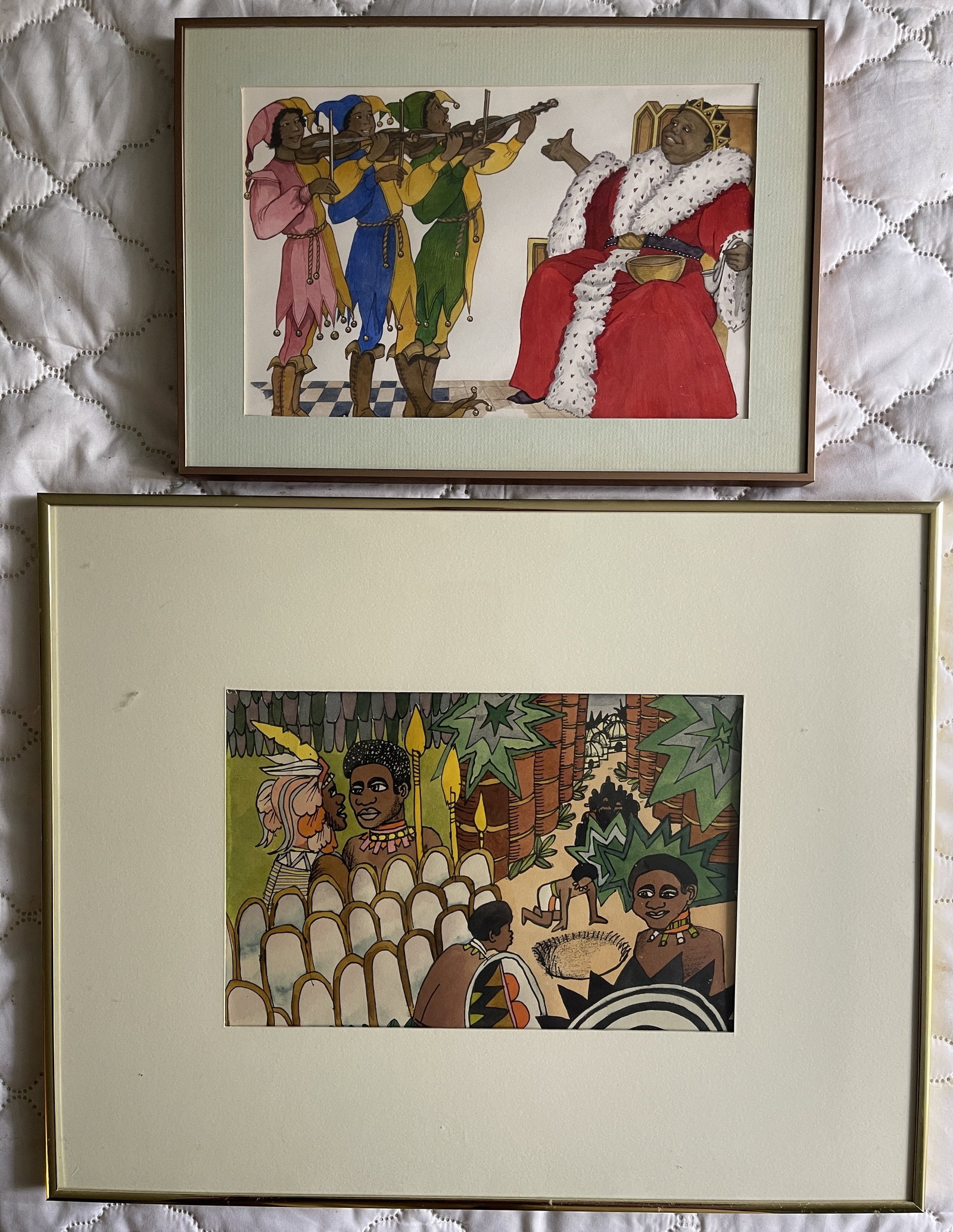 LOT OF ART CARTOONIST AFRICAN ART: LOT OF ART CARTOONIST AFRICAN ART , ONE PRINT KING AND THREE MUSICIANS 7" X 11" AND 8" X 11"