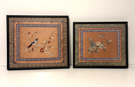 FRAMED SATIN EMBROIDERY FLOWER AND BIRDS