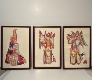 THREE EMBOSSED ACRYLICS OF ORIENTAL CEREMONY OUTFITS