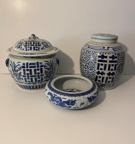THREE PIECES OF ASIAN POTTERY TWO JARS AND ONE DISH