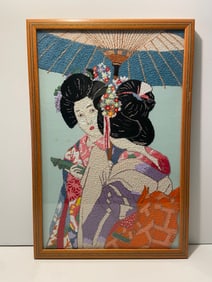 LARGE EMBROIDERY OF TWO ASIAN WOMEN WITH UMBRELLA , INLAID FRAME