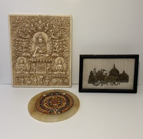INDIA CERAMIC PLAQUE , SUNSTONE  , AZTEC CALENDAR , BURMA TRANSPORTATION BOGOTA IN BACKGROUND PLAQUE