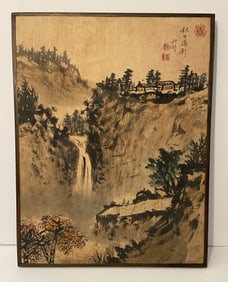 ASIAN HOUSE ON CLIFF WATER CHARCOAL PAINTING ON CANVAS