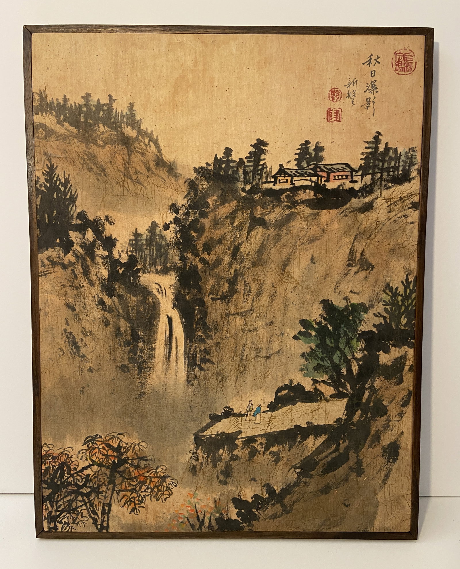 ASIAN HOUSE ON CLIFF WATER CHARCOAL PAINTING ON CANVAS: ASIAN HOUSE ON CLIFF WATER CHARCOAL PAINTING ON CANVAS 18" X 24"