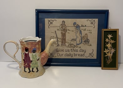 FOLKY LOT "GIVE US THIS DAY , OUR DAILY BREAD" SAMPLER  , HERITAGE TEA POT , FRAMED  FLOWER OUT OF