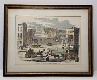 MONSON GALLERY HAND COLOR PRINT ETCHING OF A VIEW OF THE CAPITAL , MONTGOMERY , ALABAMA 1857