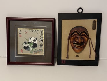 DECORATIVE ASIAN ART, MINIATURE MASK , SATIN EMBROIDERED PANDA