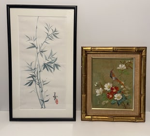 ASIAN ART BAMBOO SIGNED , PAINTING OF CARDINAL AND FLOWERS