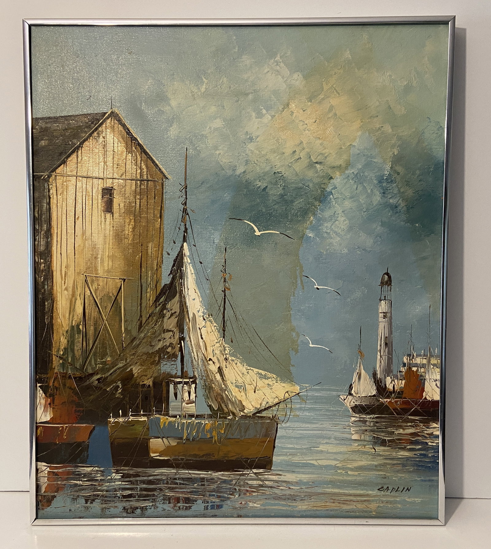 CHAPLIN PAINTING , HARBOR , LIGHTHOUSE , SAILBOATS OIL ON CANVAS: CHAPLIN PAINTING , HARBOR , LIGHTHOUSE , SAILBOATS OIL ON CANVAS 20" X 25"