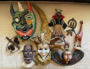 GROUPING OF WHIMSICAL MASKS AND FIGURES