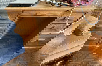 OAK DESK WITH DOUBLE WRITING TRAYS, 22 X 48 X 30