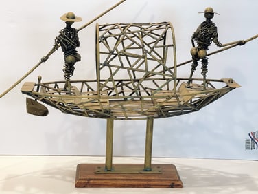 BRASS BOAT WITH FISHERMAN SCULPTURE