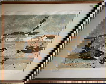 LITHOGRAPH OF A LIGHTHOUSE WITH BOATS SIGNED LR 23 X 29