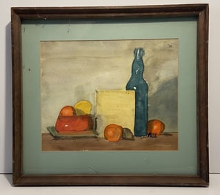 STILL LIFE WATERCOLOR , BOTTLE , BOOK AND FRUIT SIGNED BY ANNA FISKER