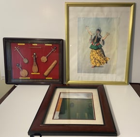 LOT OF THREE MISC ART 1 SHADOW BOX OF ASIAN INSTRUMENTS , ONE PRINT ARMENIAN DANCER , 1 ABSTRACT