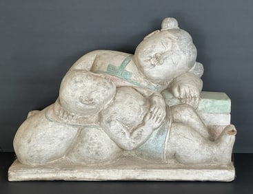 ASIAN WOOD CARVING MOTHER AND BABY 21 X 15 X 10