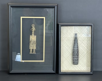 TWO FRAMED ITEMS, BRASS SCULPTURE 12 X 17, ETCHED STONE 8 X 12