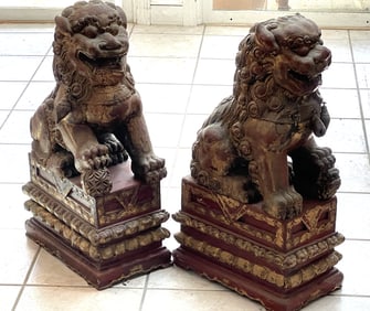 TWO LARGE CARVED AND PAINTED FOO DOGS, 9 X 16 X 28