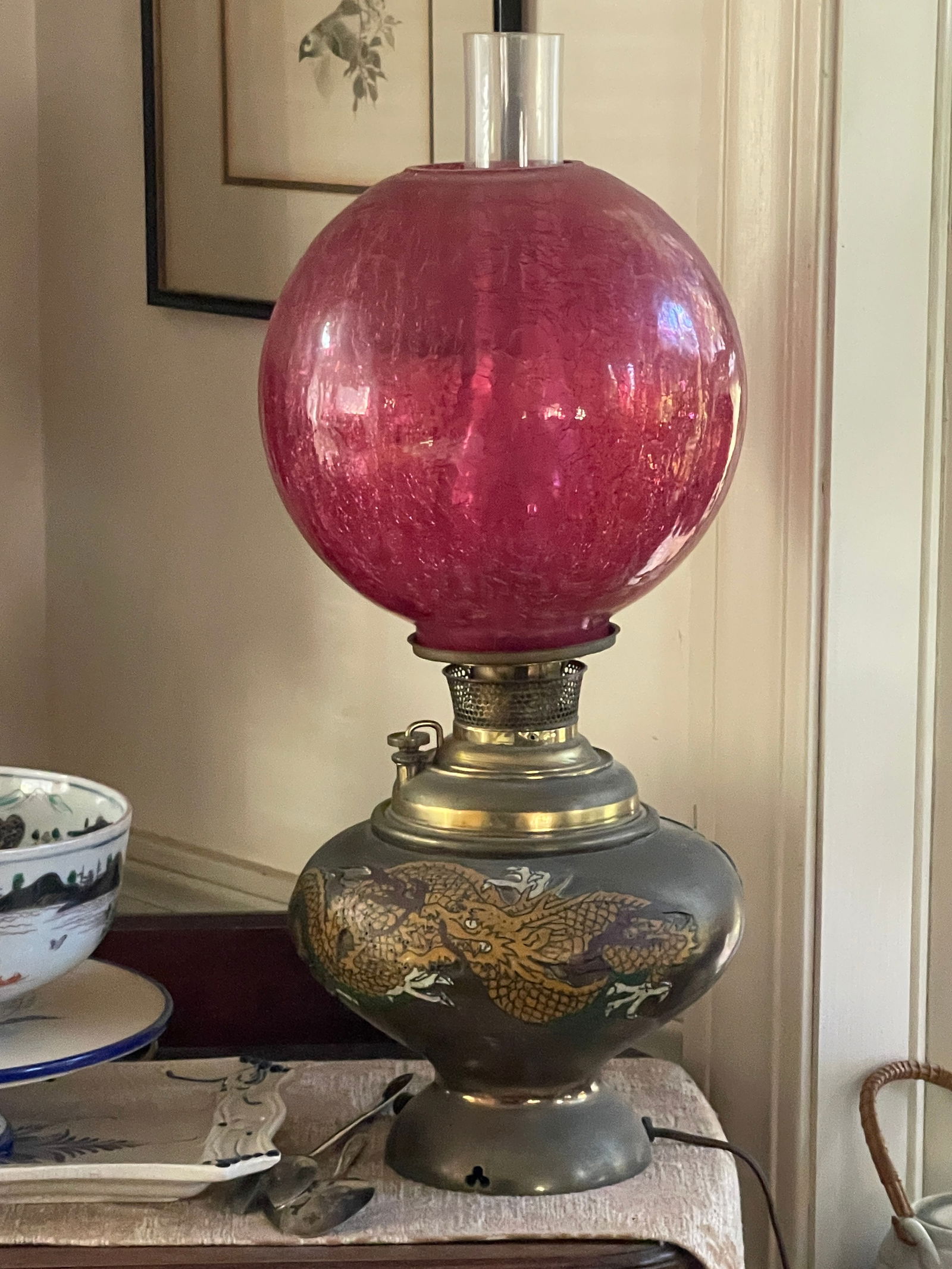 LARGE ASIAN OIL LAMP ELECTRIFIED: LARGE ASIAN OIL LAMP ELECTRIFIED 28" T