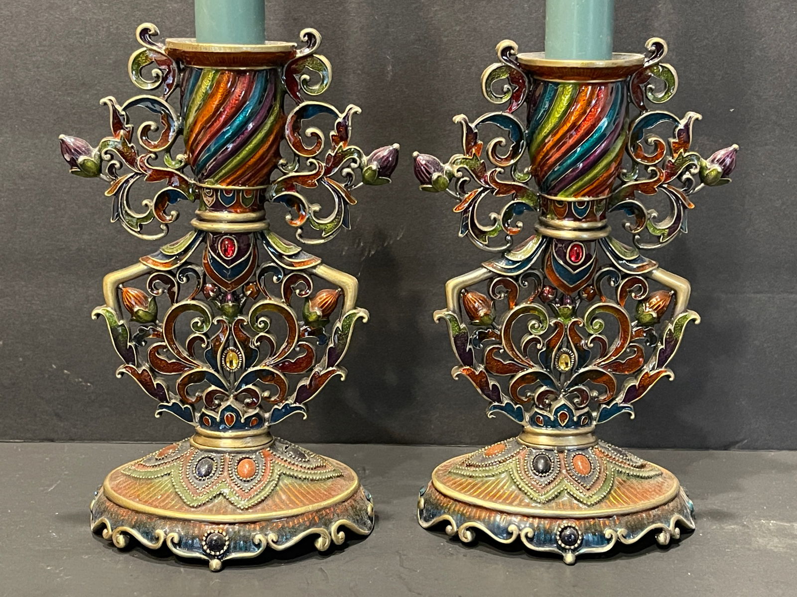 PAIR COLORFUL CANDLE HOLDERS: PAIR COLORFUL CANDLE HOLDERS 7"