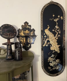 FOUR MISC. ITEMS, WALL ART, LANTERN, SHELF