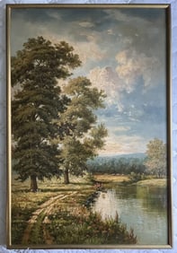 LARGE O/C PAINTING OF A FOREST AND SHEEP