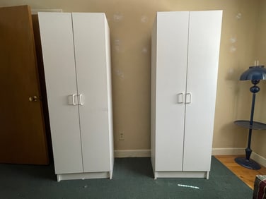 TWO WHITE BOOKCASE CABINETS