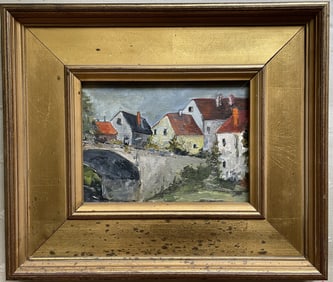 OIL ON PANEL PAINTING OF A VILLAGE SIGNED ON BACK KEEFE