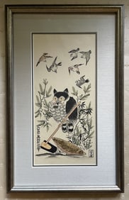 COLORED LITHOGRAPH OF AN OWL SIGNED LR