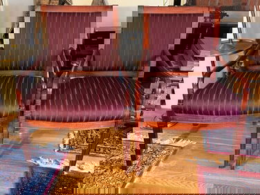 TWO HEPPLEWHITE STYLE ARM CHAIRS WITH TIGER MAPLE