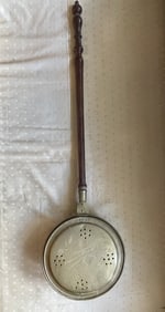 EARLY BRASS BED WARMER WITH BIRD DECORATION