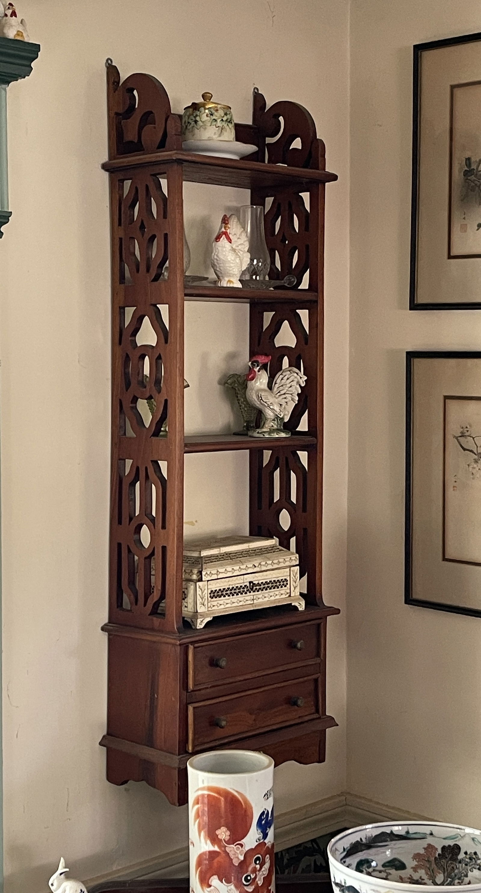 ANTIQUE CARVED TWO DRAWER WALL SHELF (1 of 2)