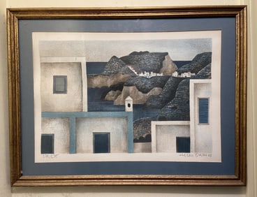 PAINTING OF VILLAGE ON HILLSIDE SIGNED