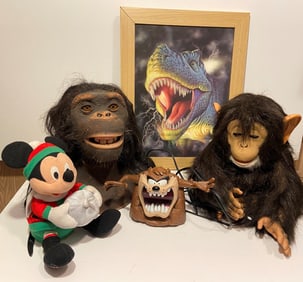 MISC. TOY LOT, TWO ANIMATRONIC APES 12", CHRISTMAS MICKEY, TAZ CLOCK, 90'S 3D, DINOSAUR PICTURE 15 X