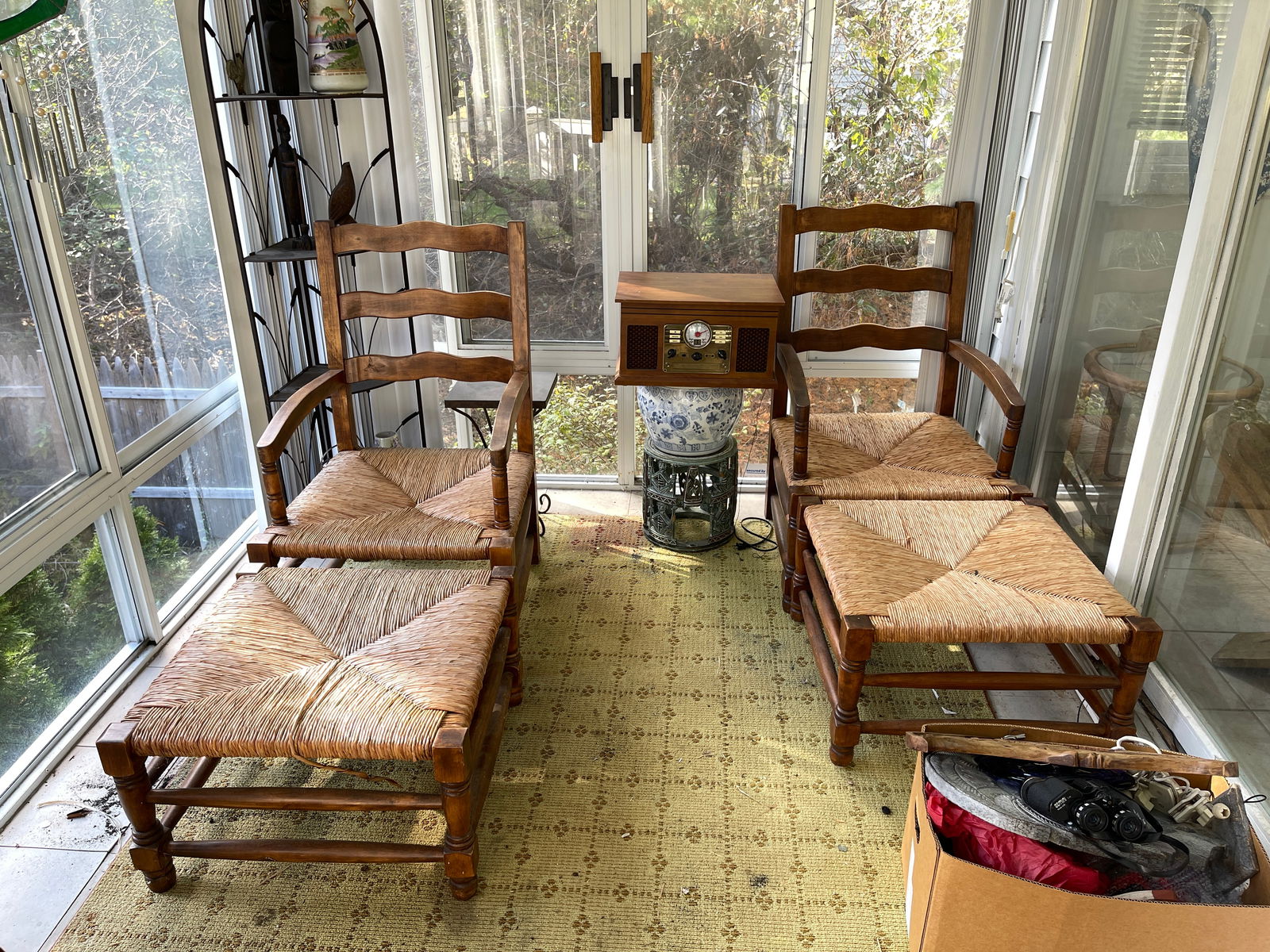 TWO LARGE HARDWOOD ARMCHAIRS WITH OTTOMANS WICKER SPLINT SEAT (1 of 1)