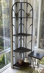 TWO MATCHING IRON CORNER SHELVES WITH ROOSTER EMBELLISHMENTS