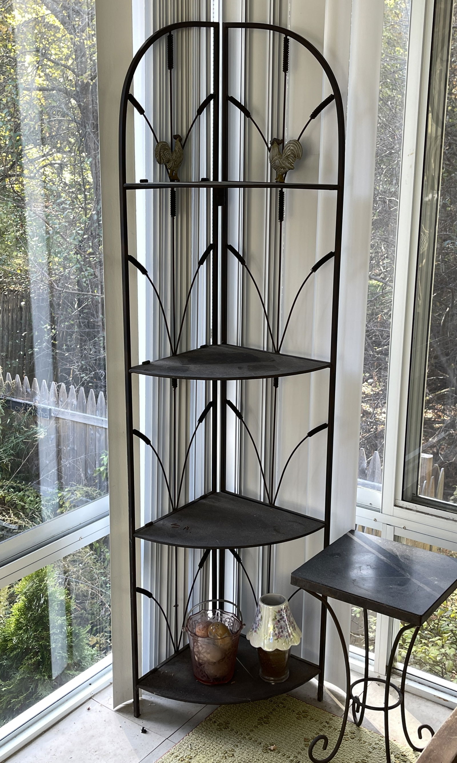 TWO MATCHING IRON CORNER SHELVES WITH ROOSTER EMBELLISHMENTS (1 of 2)