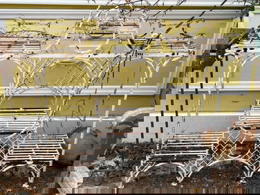 PAINTED IRON STEP TIERED POTTERY SHELF 42 X 12 X 38