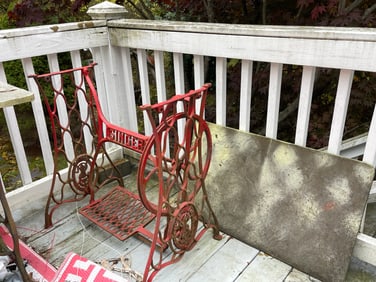TWO IRON SEWING STANDS WITH STONE TABLE TOPS, 31 X 19 X 30