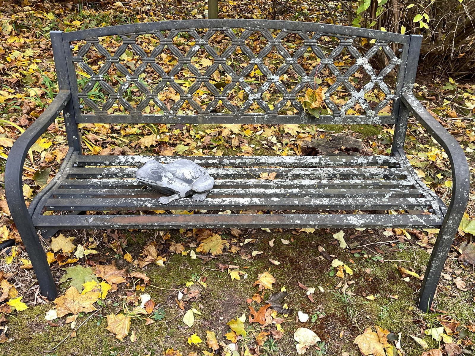 METAL GARDEN BENCH, WITH FROG, 51 X 31 X 14: METAL GARDEN BENCH, WITH FROG, 51 X 31 X 14