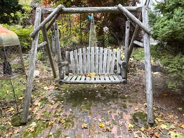 WOODEN SWINGING GARDEN BENCH, 6' LONG X 66" TALL