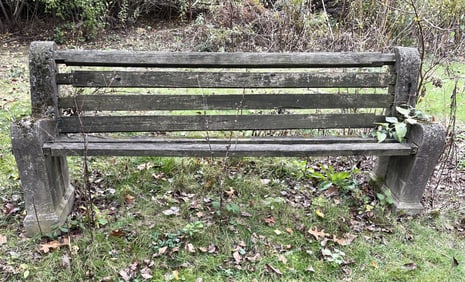 LARGE CONCRETE AND WOOD BENCH SIGNED SHC 84 X 29 X 17