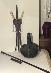 GROUPING OF WEAPONS TO INCLUDE A DOUBLE KNIFE IN LIZARD BODY SHEATH, ECT.