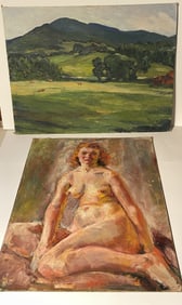TWO OIL ON BOARD PAINTINGS, VERMONT PASTURE 18 X 24, DOUBLE SIDED NUDES BY EMBERLY