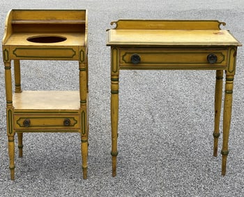 RARE MATCHED PAIR OF COUNTRY PAINT DECORATED WASH STAND IN YELLOW AND A 1 DRAWER STAND WITH