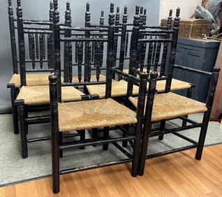 set of 8 bench made pilgrim style carver chairs in black paint two arm & six side